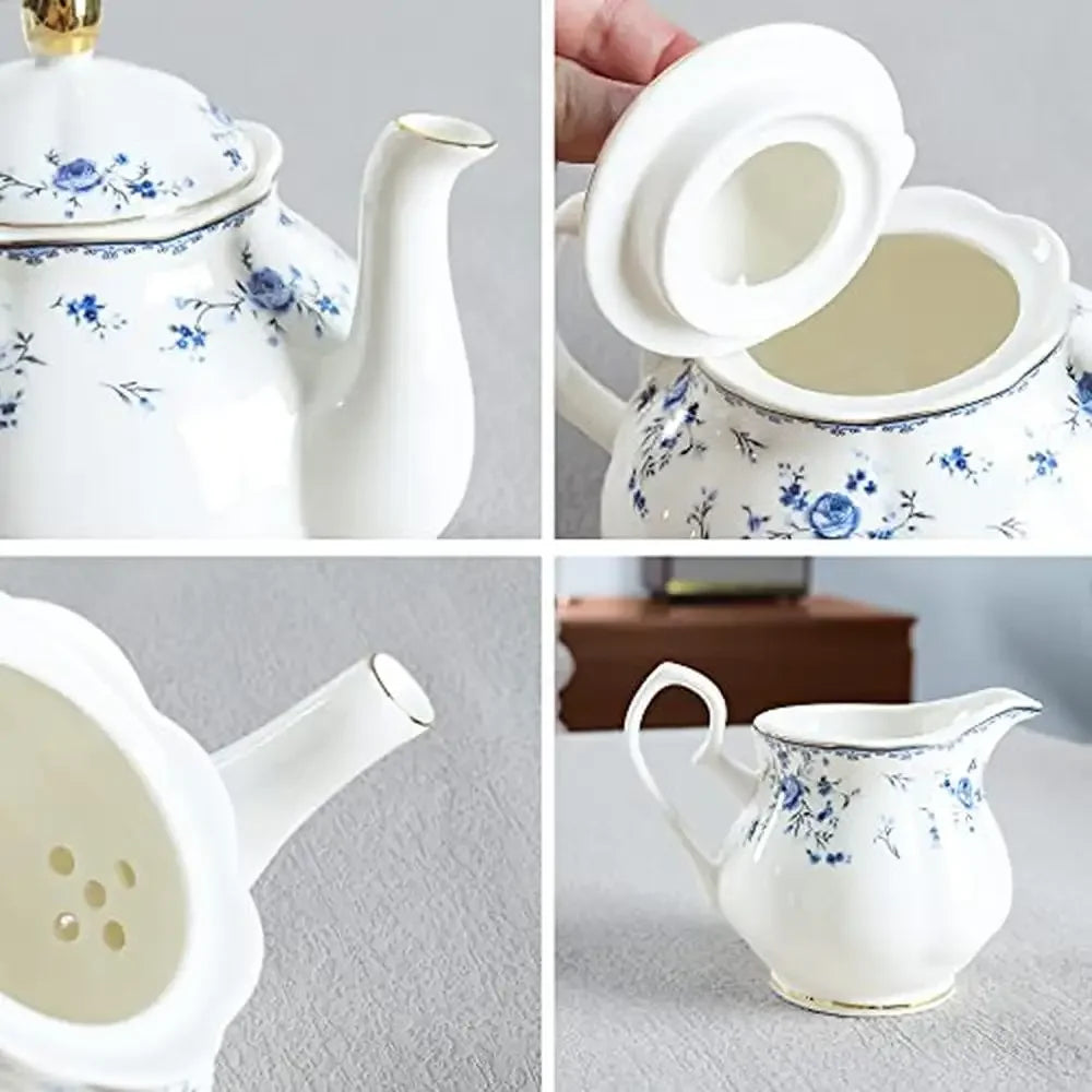 15 Piece British Floral Porcelain Tea Set with Blue Rose Pattern