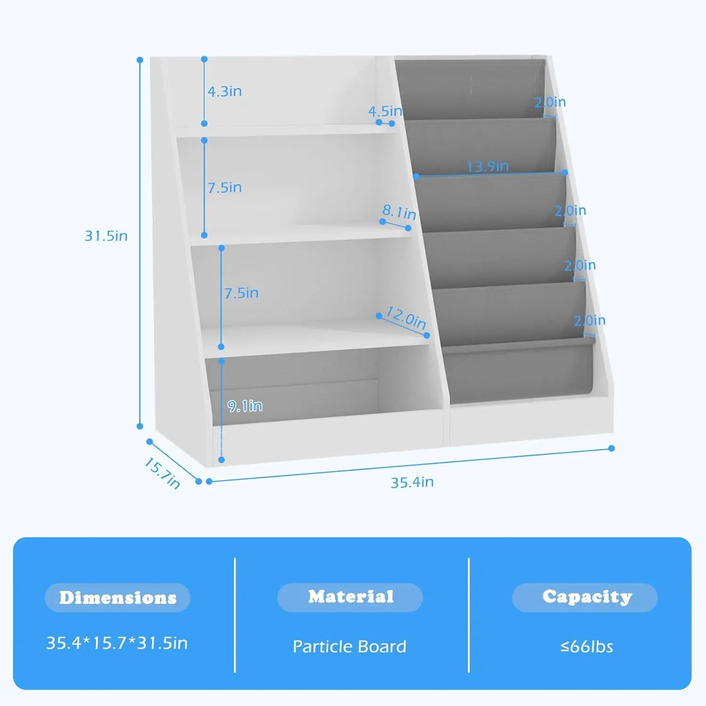 4 Tier Kids Wooden Bookshelf, 5 Layer Sling Bookcase