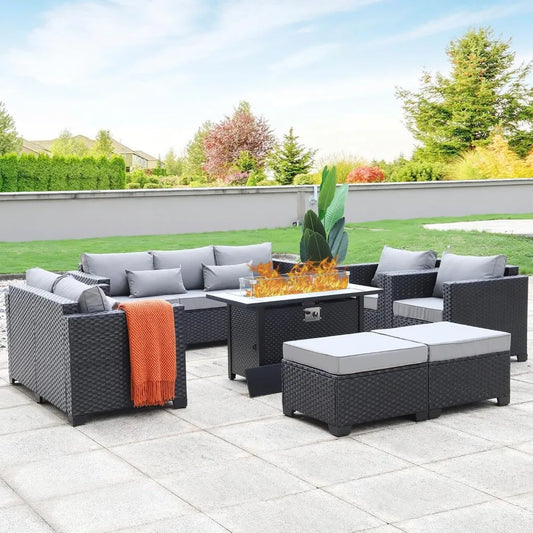 Outdoor Propane Fire Pit Table Patio Furniture Set- No-Slip Cushions and Waterproof Covers