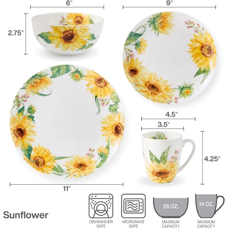 16 Piece Sunflower Lightweight Chip Resistant Bone China Dinnerware Set, Service for 4