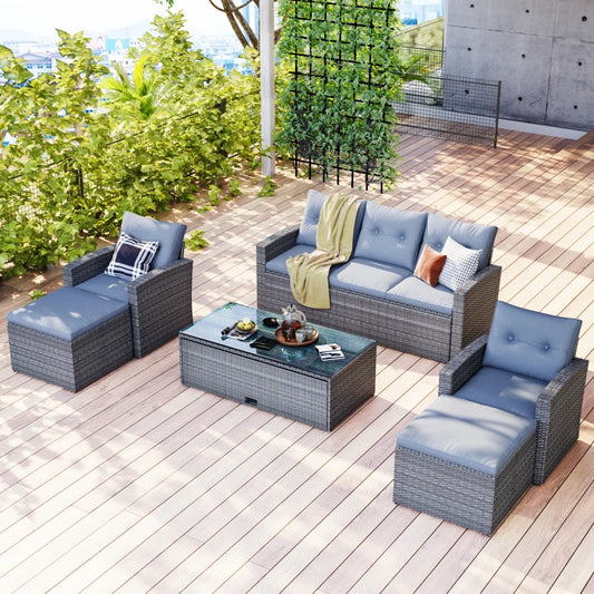 6-piece Wicker rattan Patio Outdoor Sectional Set with coffee table, wicker sofas, ottomans, removable cushions