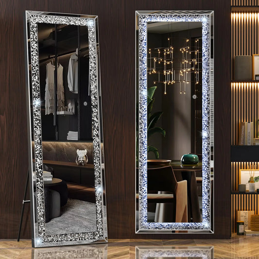 Full-Length 63×20 inch Crystal Crush Diamond Wall Mirror with Lights