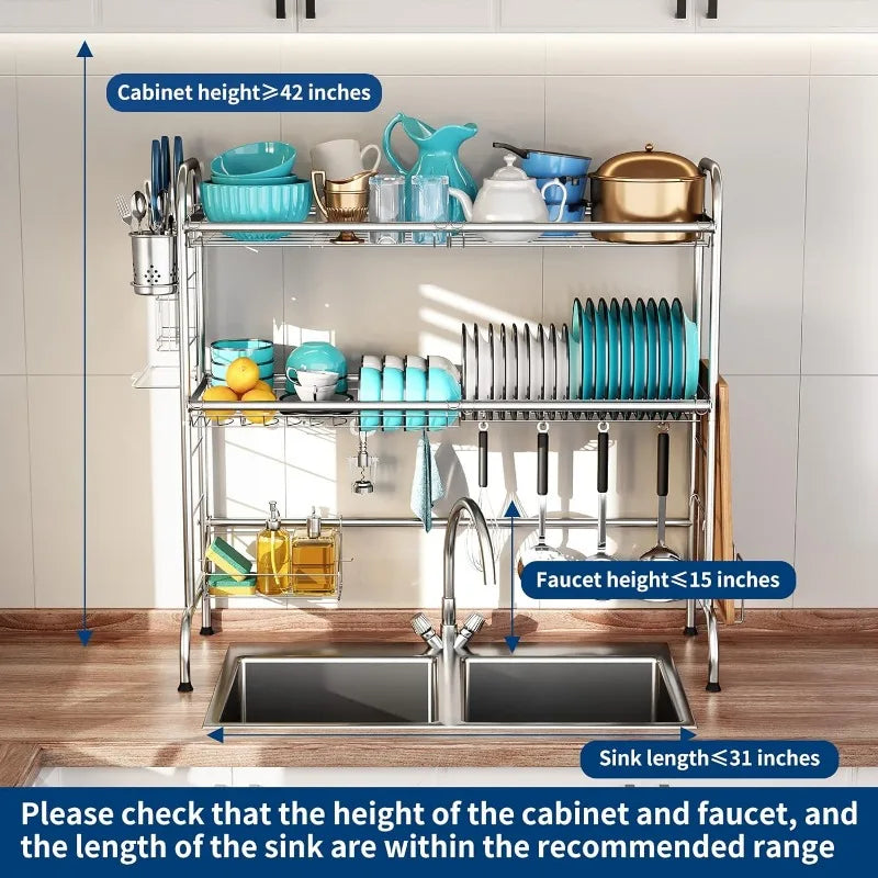 2 Tier Large Over Sink Dish Drying Rack with Utensil Holder