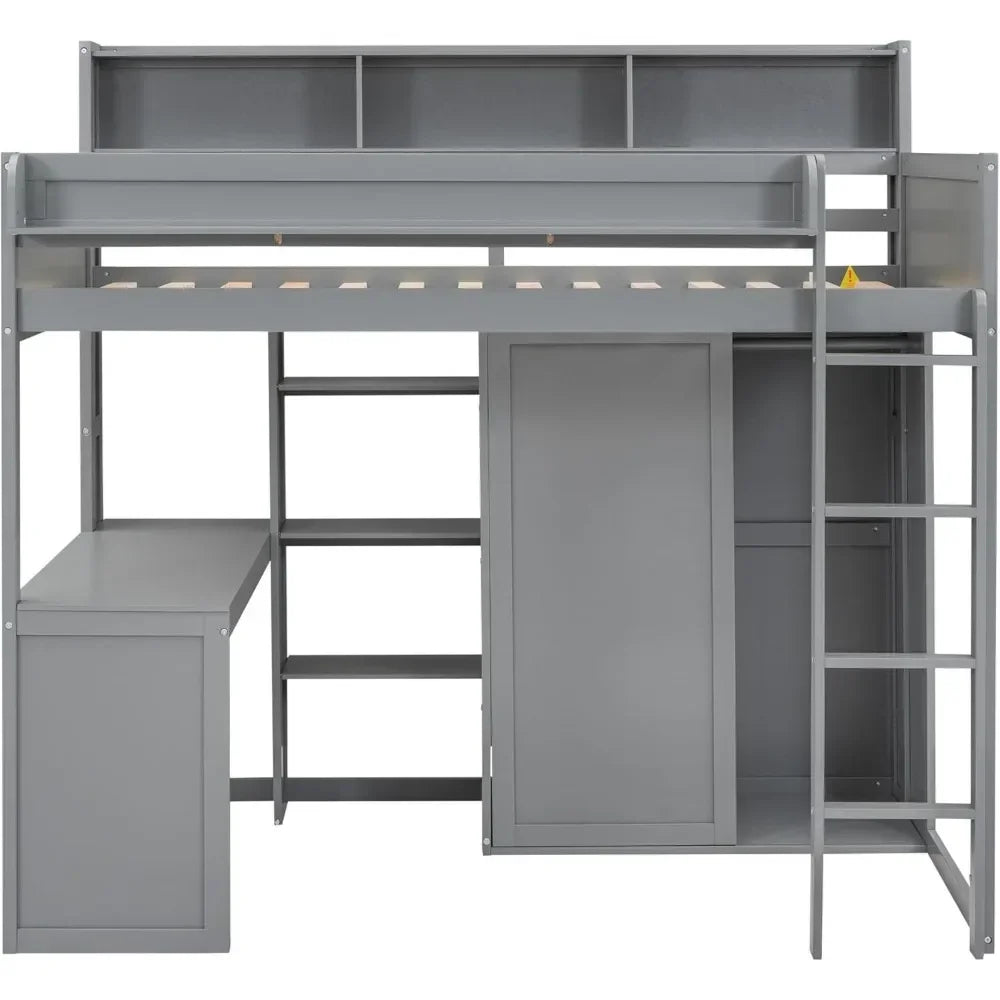 Solid Wood High Loft Bed Frame with Desk & Wardrobe