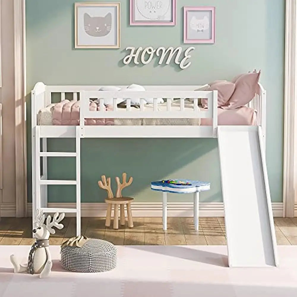 Kids' Wood White Pine Twin Loft Bed with Slide and Ladder