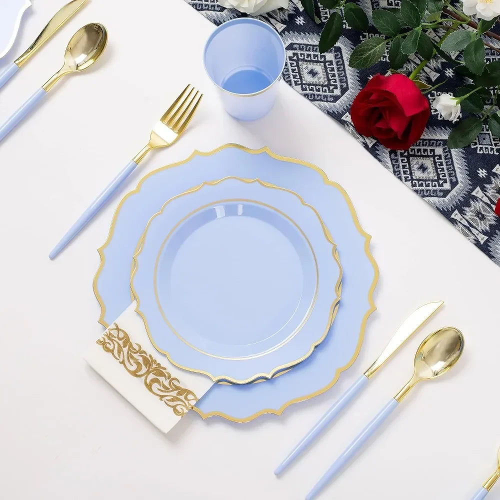 PARTY FOR 25- Disposable Plates – Includes 50 Blue Plastic Plates, 75 Baroque Handle Cutlery, 25 Cups, 25 Napkins