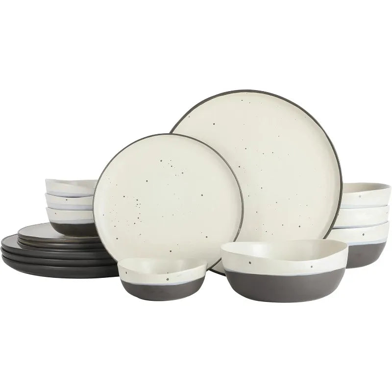 Double Bowl Stoneware Dinnerware Set, Service for 4 (16pcs), White and Black