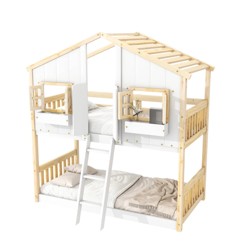 Twin over Twin House Bunk Bed with Roof