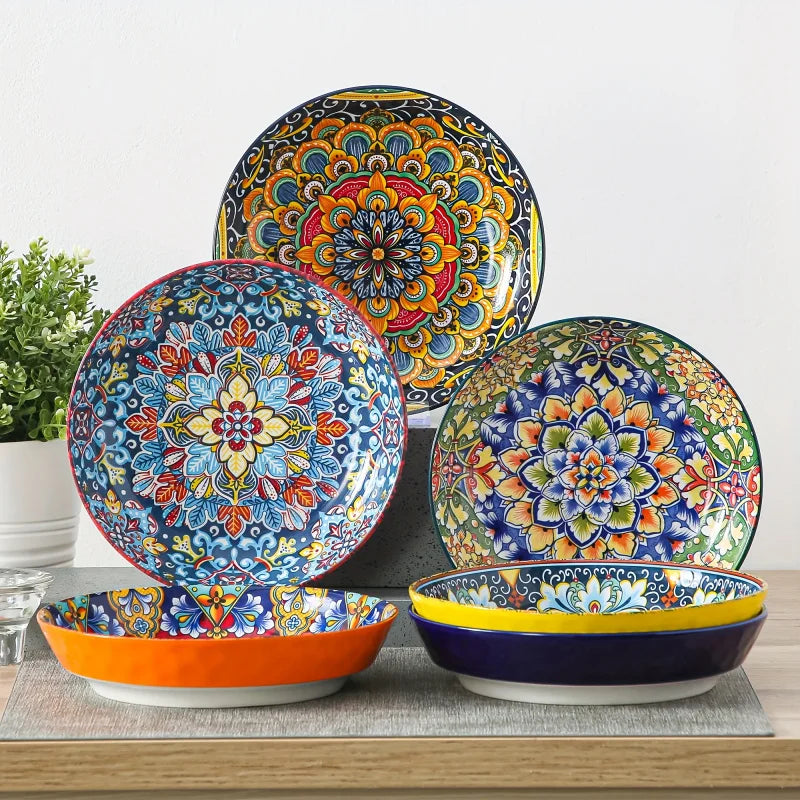 32 oz porcelain bohemian style pasta bowls, set of 6