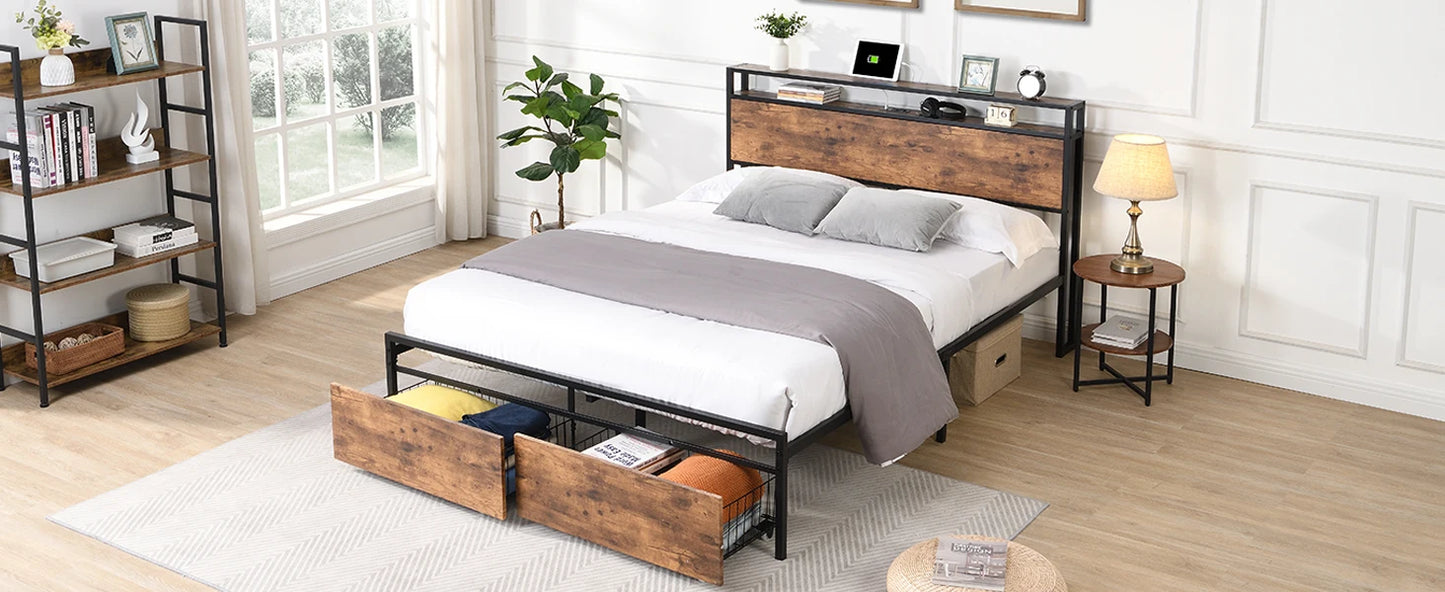 Upholstered Queen Size Platform Bed Frame with Headboard