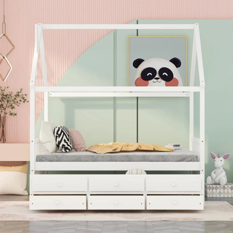 Wooden House Bed Frame for Kids with Ample Storage Options, Roof Design