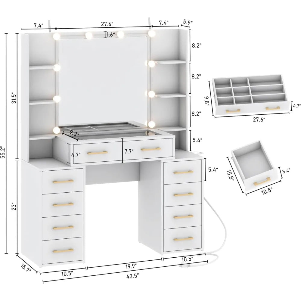 Large Makeup Mirror Table with Charging Station, Storage Drawers