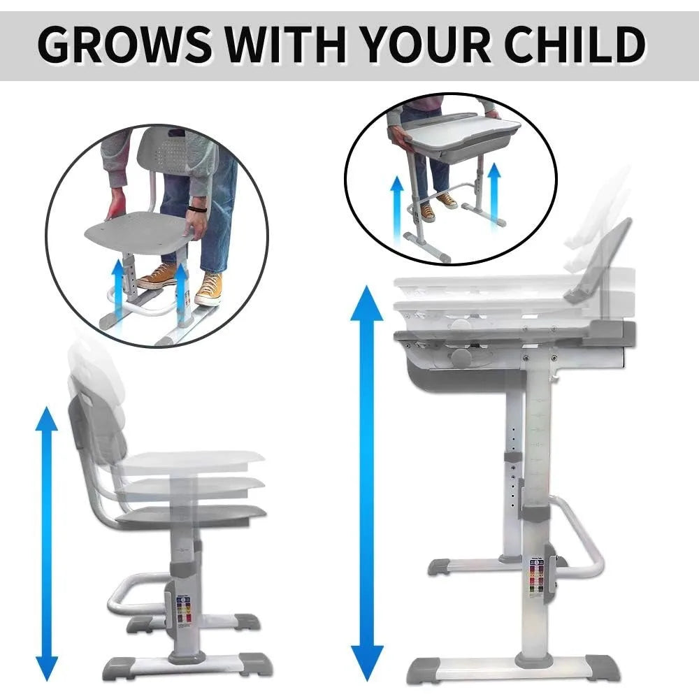 Kid's Desk and Chair Set, with Tilt Desktop, Bookstand, LED Lamp