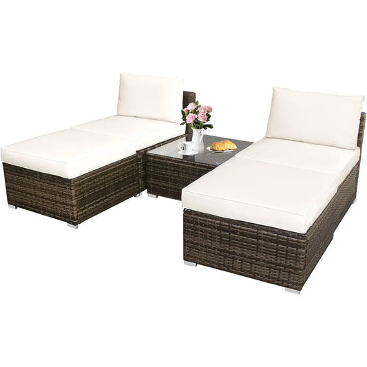 5 Piece Wicker Lounge Chair Set with Tempered Glass Coffee Table