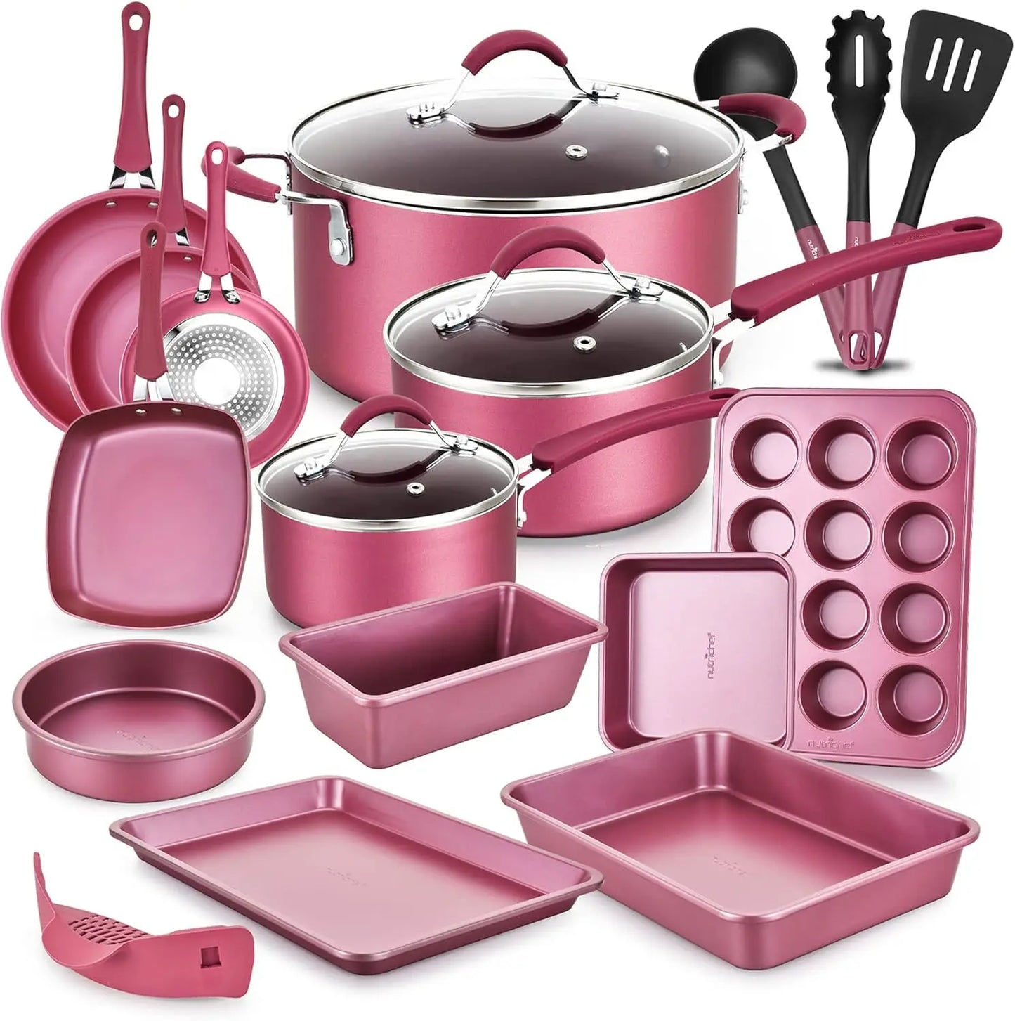 Marron Pink 20 Piece Metallic Nonstick Ceramic Cookware And Utensils Set