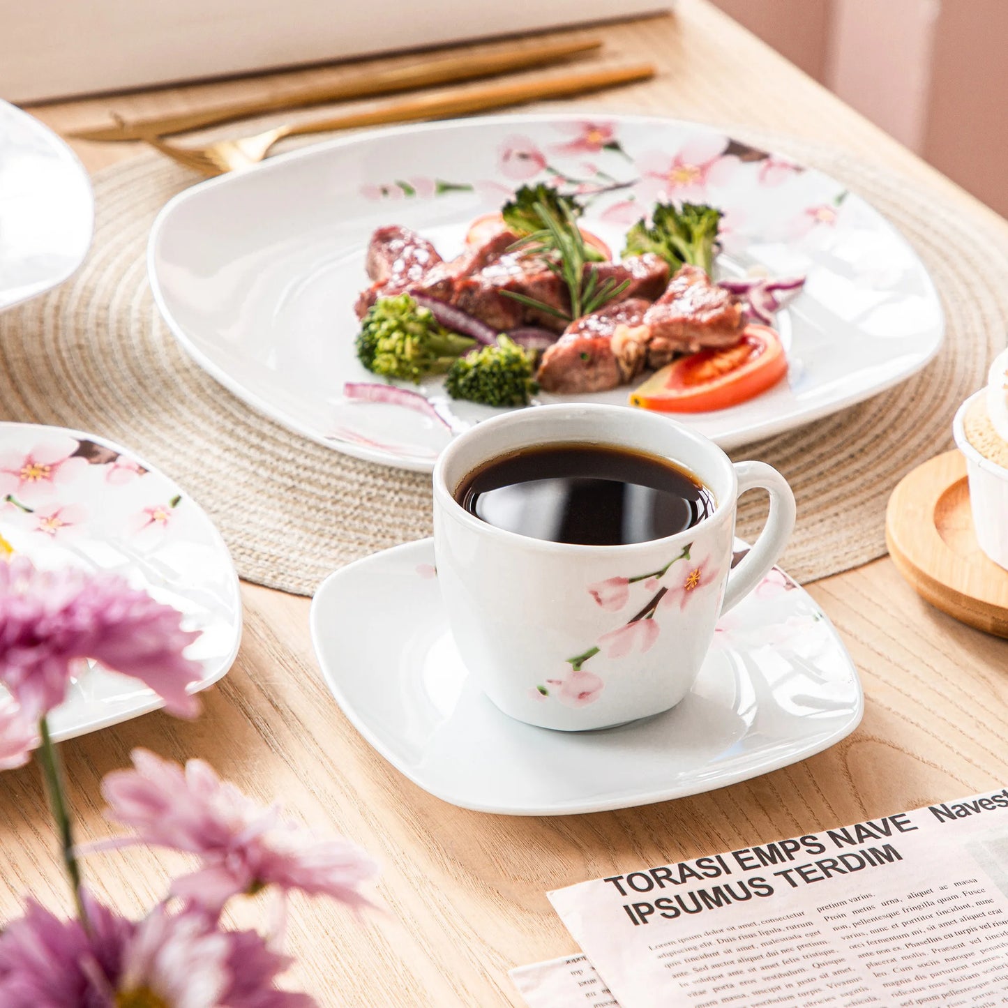 VEWEET ANNIE 60-Piece White Ceramic Pink Floral Porcelain Plate Set