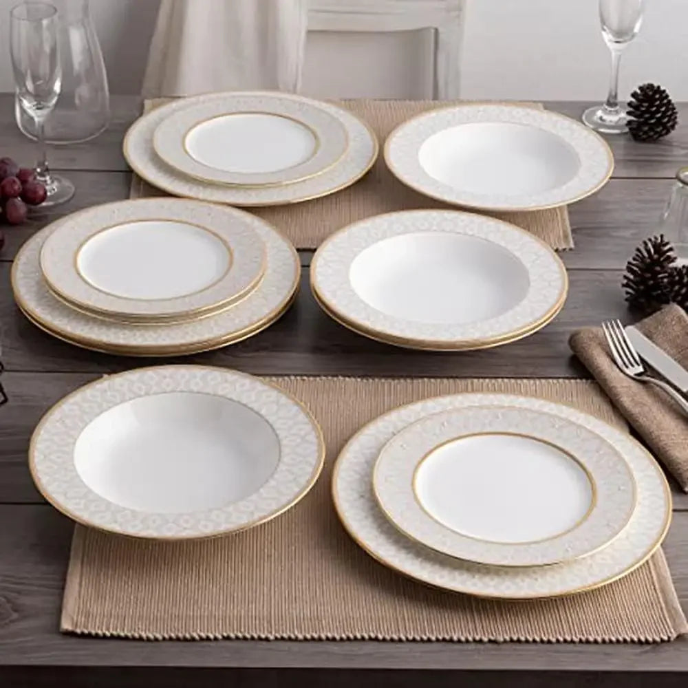 Elegant 12-Piece Cream/White Gold Band Accent Bone China Dinnerware Set