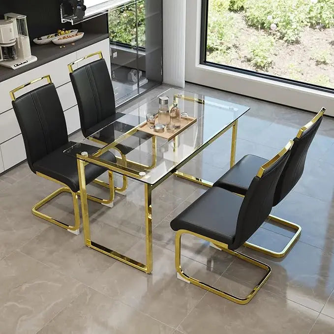 Modern Rectangle Glass Top Dining Table Set
