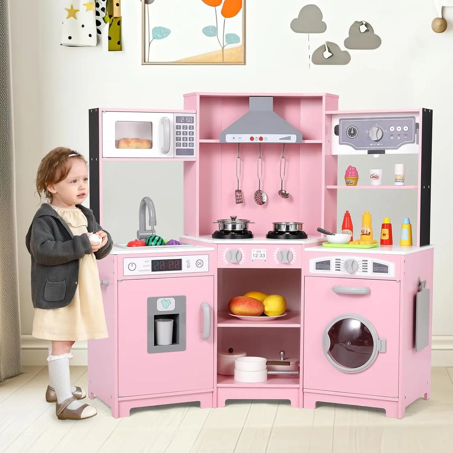 Wooden Pretend Toy Kitchen Playset w/Washer, Range Hood w/Light & Sound