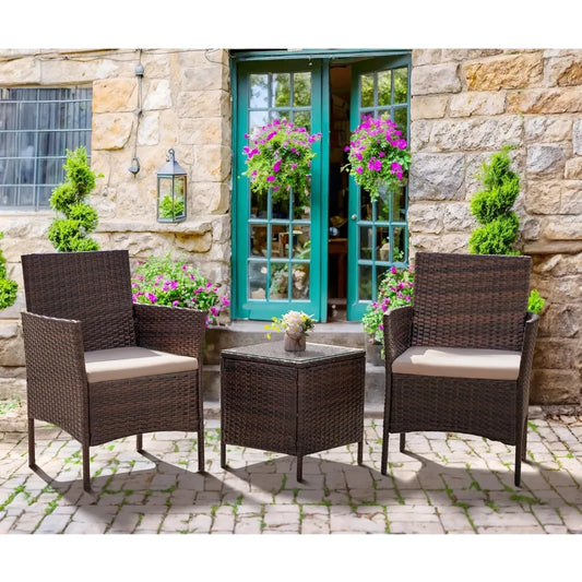 3 Pieces All-Weather Rattan Outdoor Furniture Patio Chairs with Tempered Glass Table