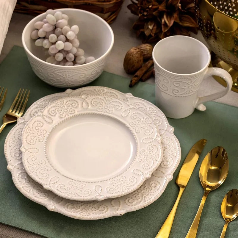 Round Decorated Scallop Embossed Dinnerware Dish Set, 16 Piece