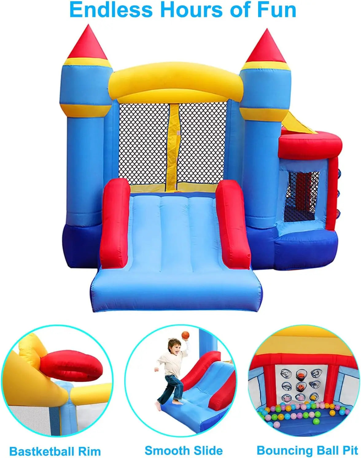 Inflatable Kid's Bounce House with Jumping Ball Pit & Basketball Hoop