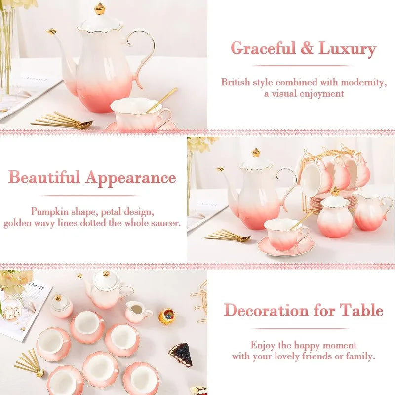 22 pcs Porcelain Tea Set for 6, Luxury British Style Tea/Coffee Cup Set with Golden Trim