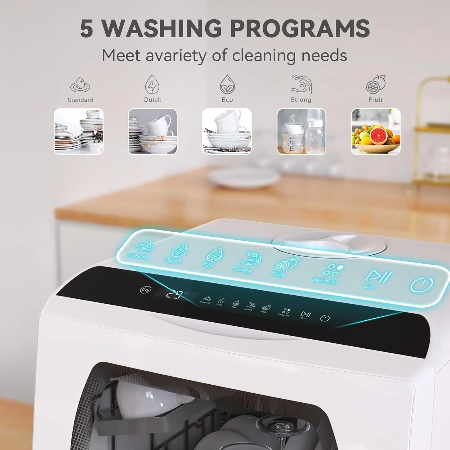 Portable Countertop Dishwasher with 5L Built-in Water Tank & Inlet Hose & 5 Washing Programs