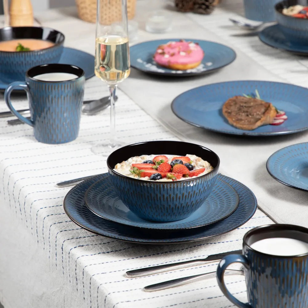 VANCASSO PLUVO 16PCS Blue Embossed Stoneware Set