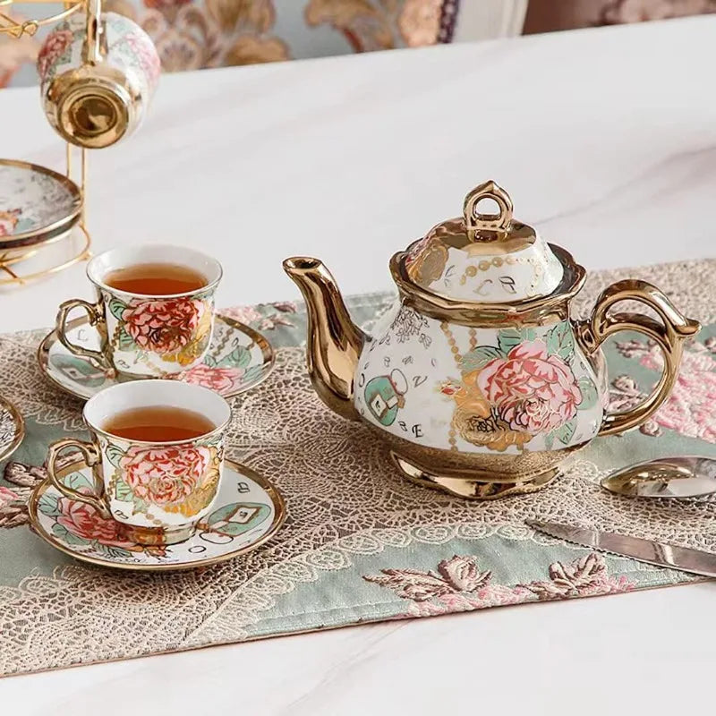 Gold Plated Red Rose Ceramic Vintage Tea Set, with Teapot