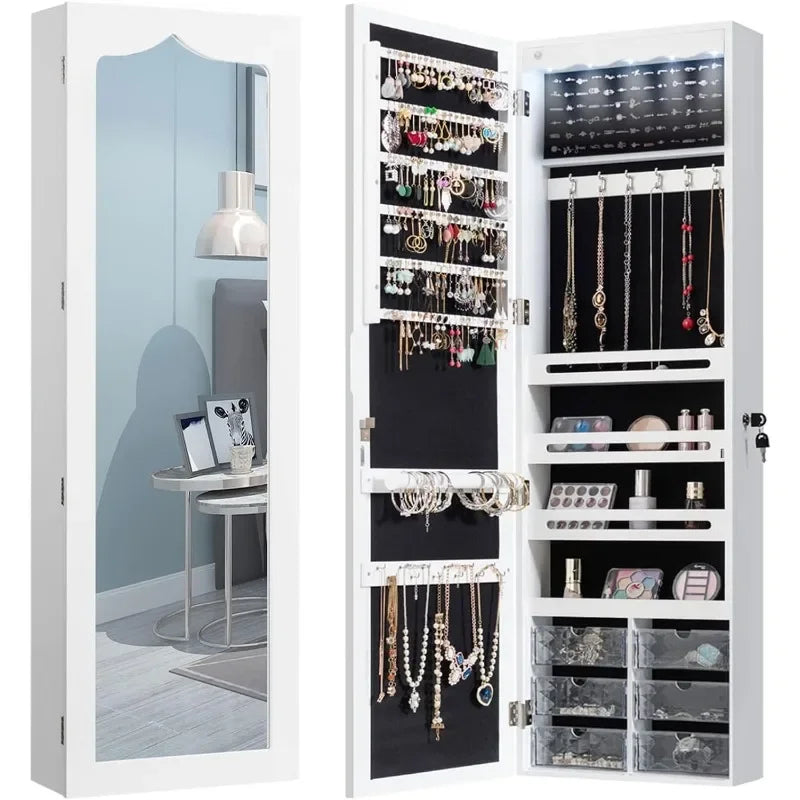 5 LEDs Mirror Jewelry Armoire Wall/ Door Mounted, Lockable Jewelry Cabinet with 6 Drawers and Full Length Mirror