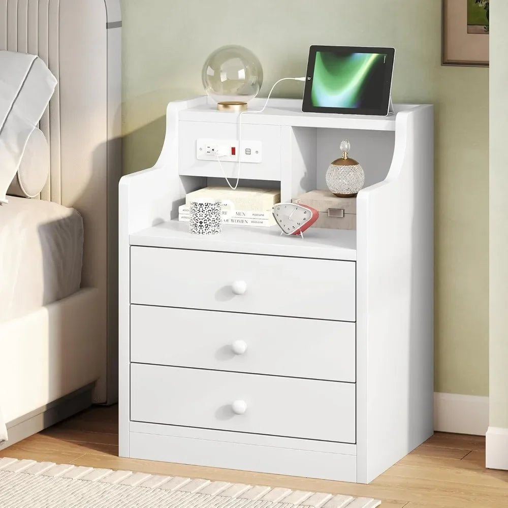 Nightstand with Charging Station, 3 Storage Drawers, Hutch