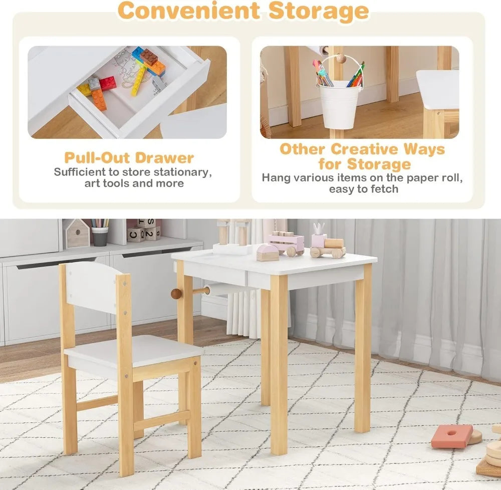 Kid's Wooden Lift-Top Desk & Chair Activity Table Set with Storage, Paper Roll Holder & Pen Slot