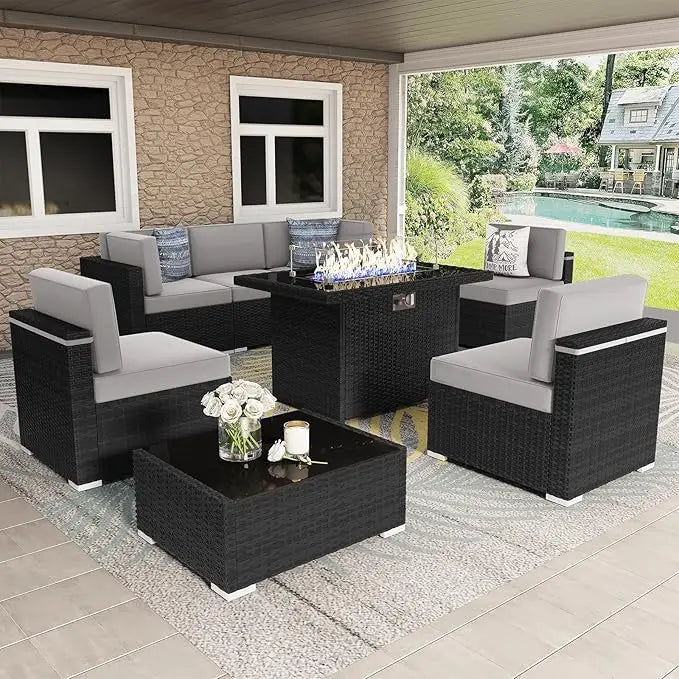 8 Piece Patio Furniture Set with 44 inch Propane Gas Fire Pit Table