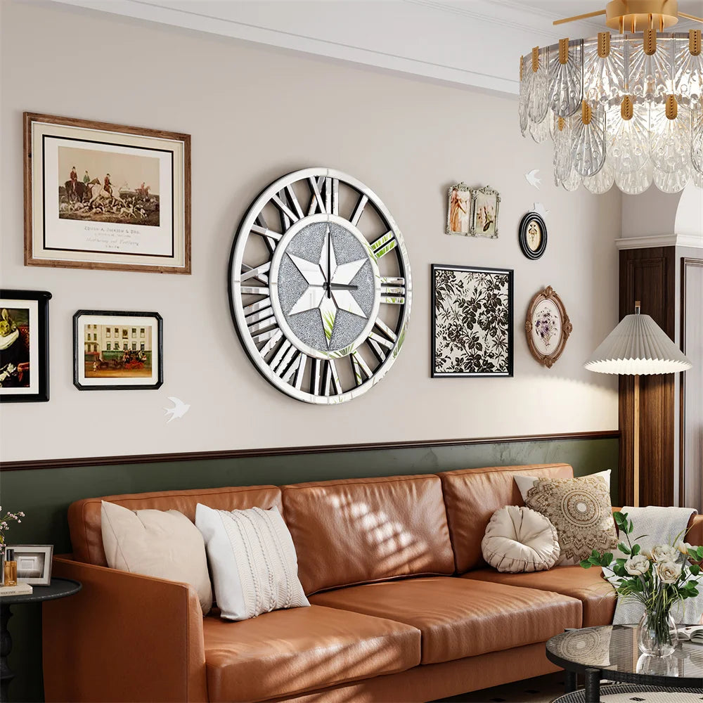 Battery Operated Decorative Silver Glass Crush Diamond Wall Clock with Roman Numerals