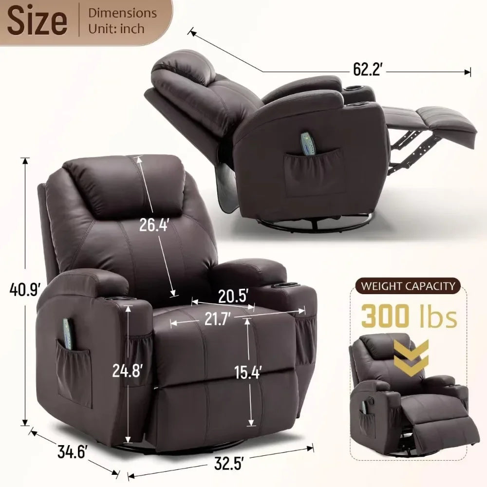 360° Swivel Recliner Chair with Massage and Heat, Remote Control and Cup Holder