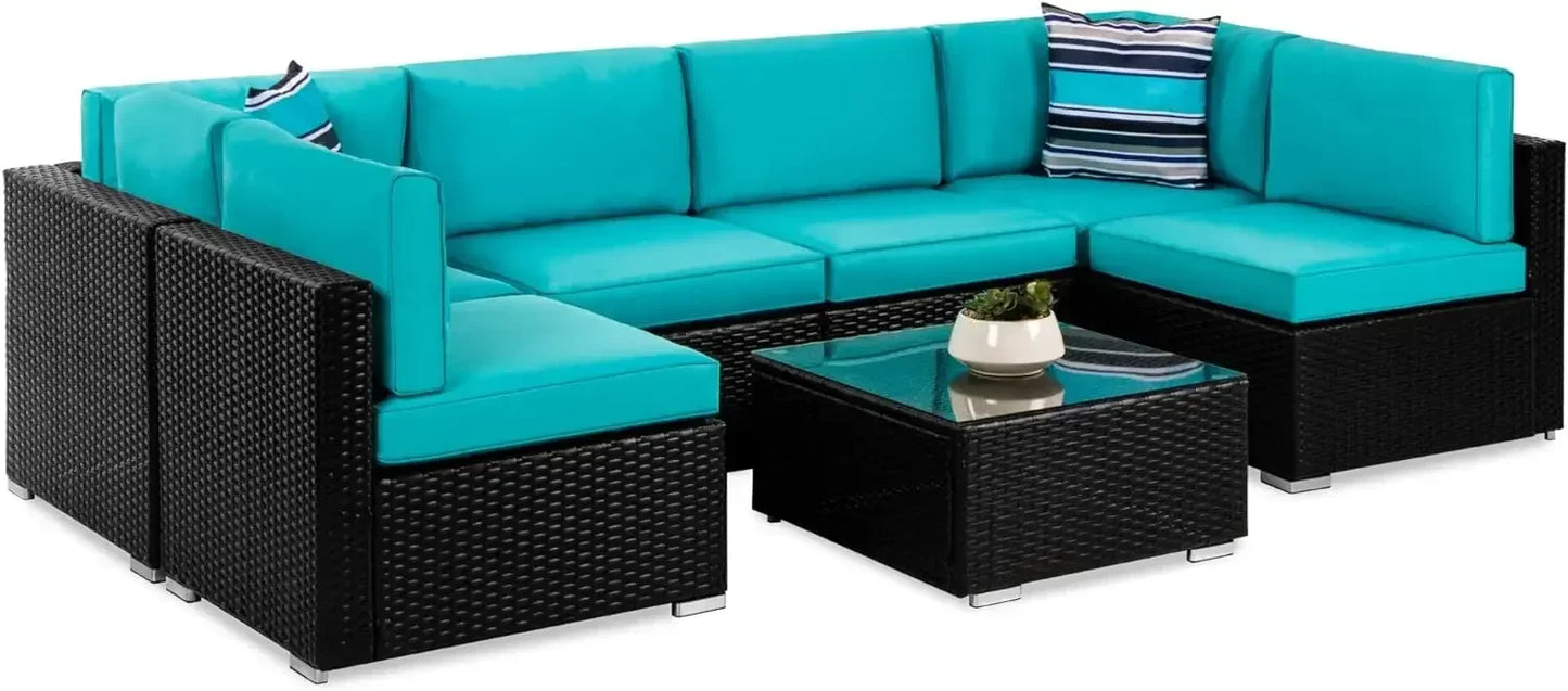 Modular Outdoor Sectional Wicker Patio Conversation Set w/ 2 Pillows, Coffee Table, Cover Included