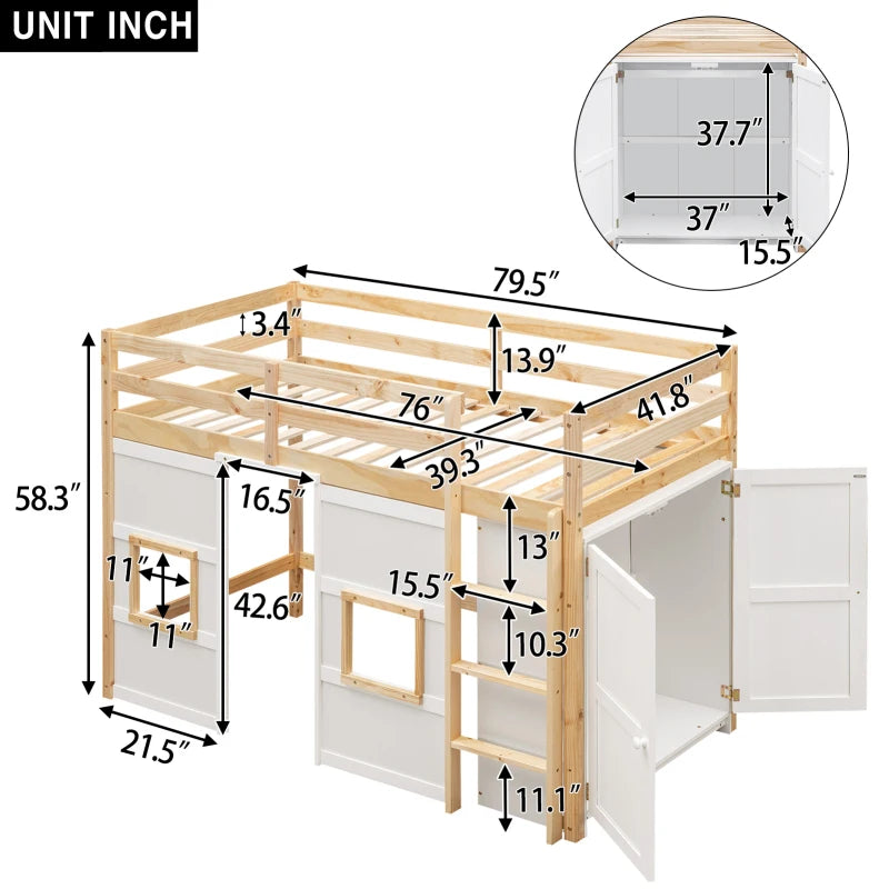 Wood Twin Size Loft Bed with Built-in Storage Wardrobe and 2 Windows