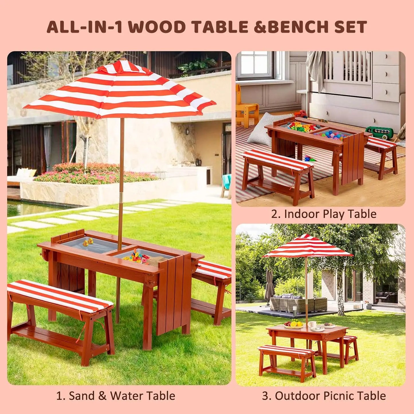 Outdoor Wooden Table & Bench Set W/Cushions & 2 Removable Boxes