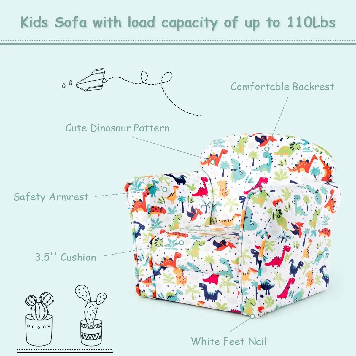 Children's Sofa Armrest Chair with Dinosaur Pattern, W/Sturdy Construction