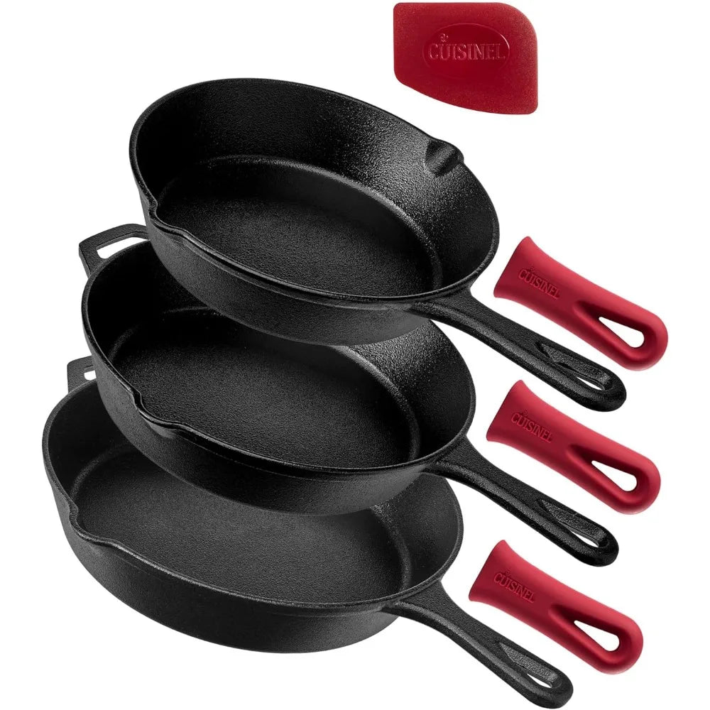 Pre-Seasoned Cast Iron Skillet Set - 8" + 10" + 12"-Inch Frying Pans + Silicone Handle Grip Covers