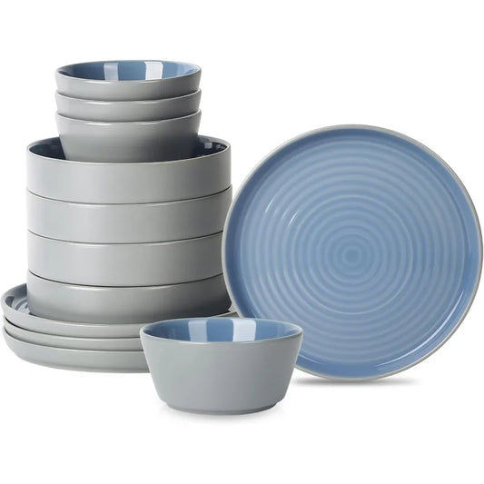 12-Piece Modern Stoneware Dinnerware Plates and Bowls Set for 4, Blue and Grey