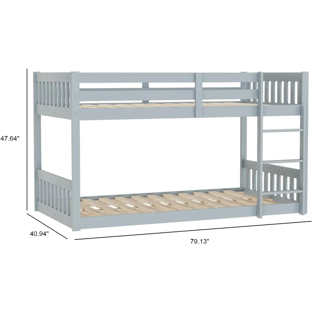 Twin Over Twin Solid Wood Bunk Bed Frame with Ladder and Guard Rail Space