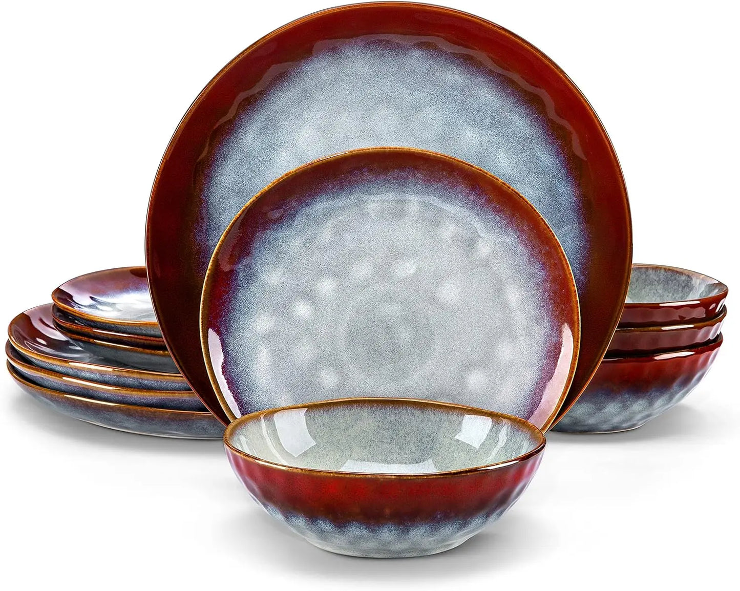 12 Piece, Reactive Change Glaze Dinner Set, Plates and Bowls Set