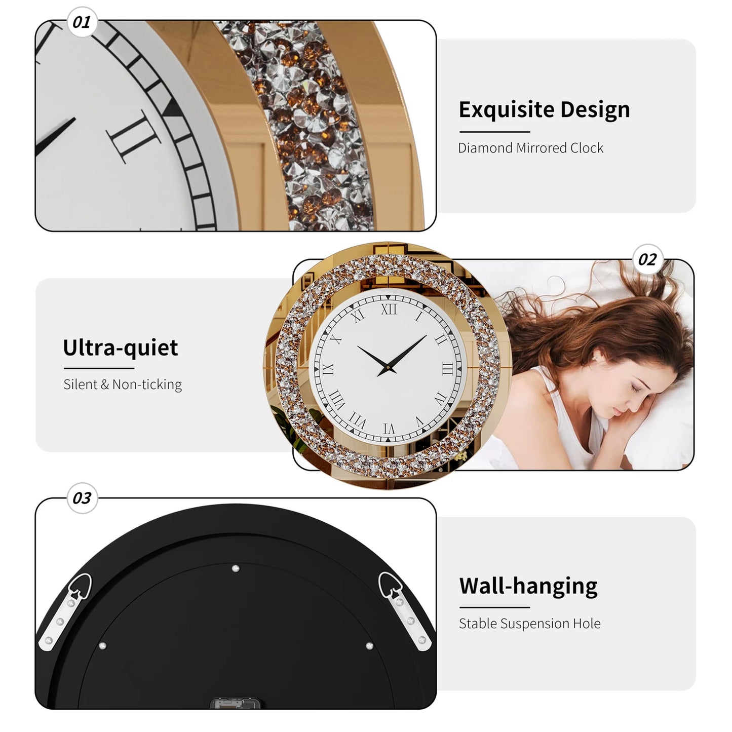 60/80CM Sparkle Bling Round Mirrored Wall Clock