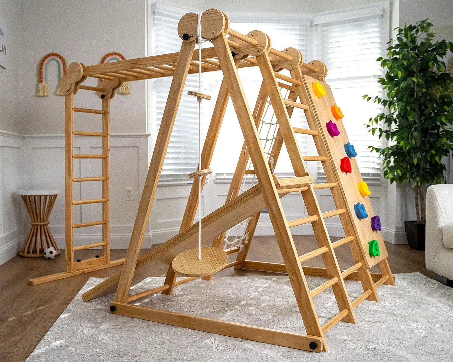 Chestnut 8-in-1 Indoor Foldable Playset for Kids - with Slide, Climbing Wall, Monkey Bars, Swing