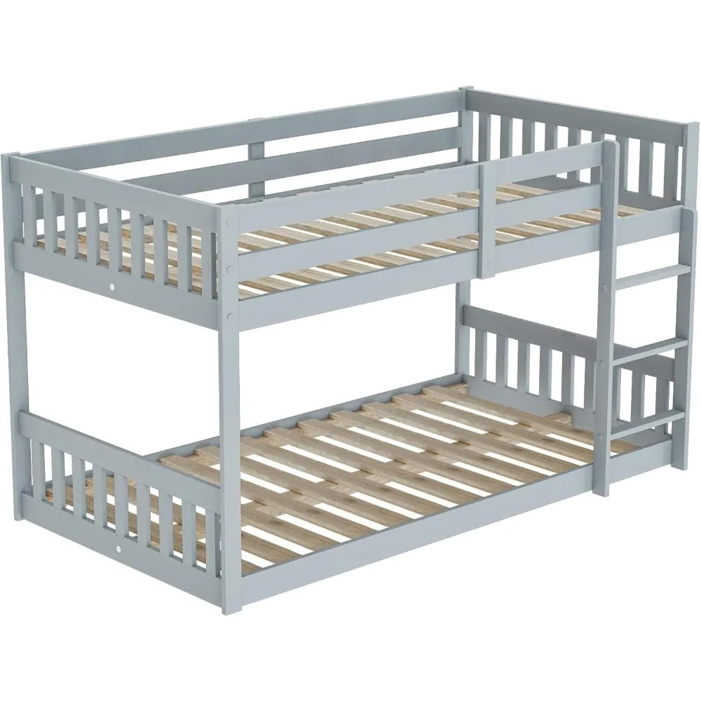 Twin Over Twin Solid Wood Bunk Bed Frame with Ladder and Guard Rail Space