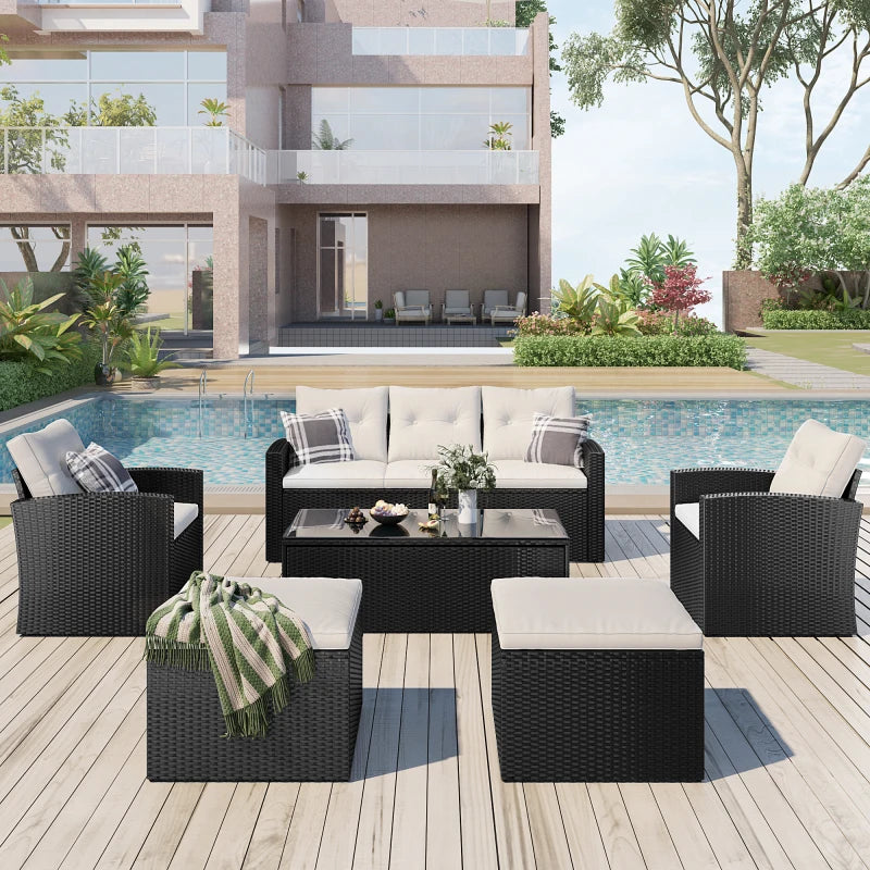 6-piece Wicker rattan Patio Outdoor Sectional Set with coffee table, wicker sofas, ottomans, removable cushions