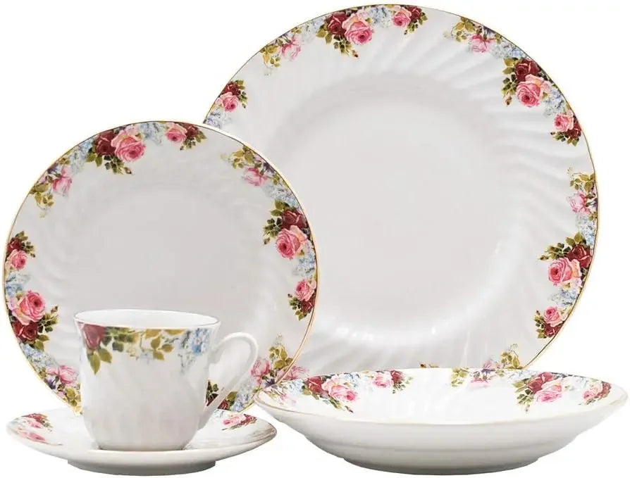 45-Piece 24 K Gold Trim Embossed Swirl Floral Print Porcelain Dinnerware Set