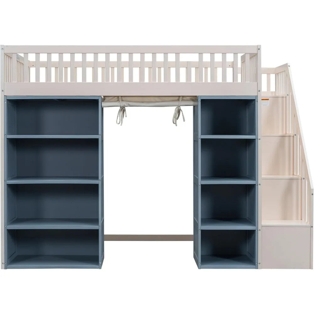 Full Size Loft Bed with Stairs and 2 Four-Layer Storage Cabinets and Curtain, for Kids, Teens, Adults (White+Blue)